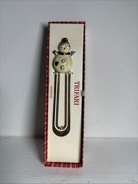 Trifari Cream Snowman Bookmark with Red and Green Accents